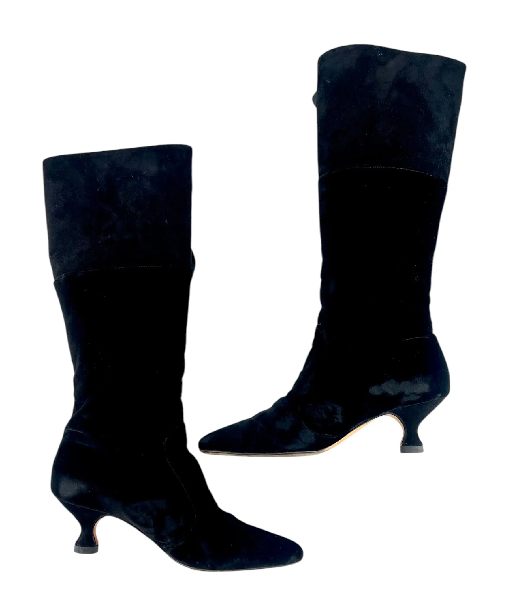 Manolo Blahnik Black Velvet & Suede Lace Up Knee High Boots, 35