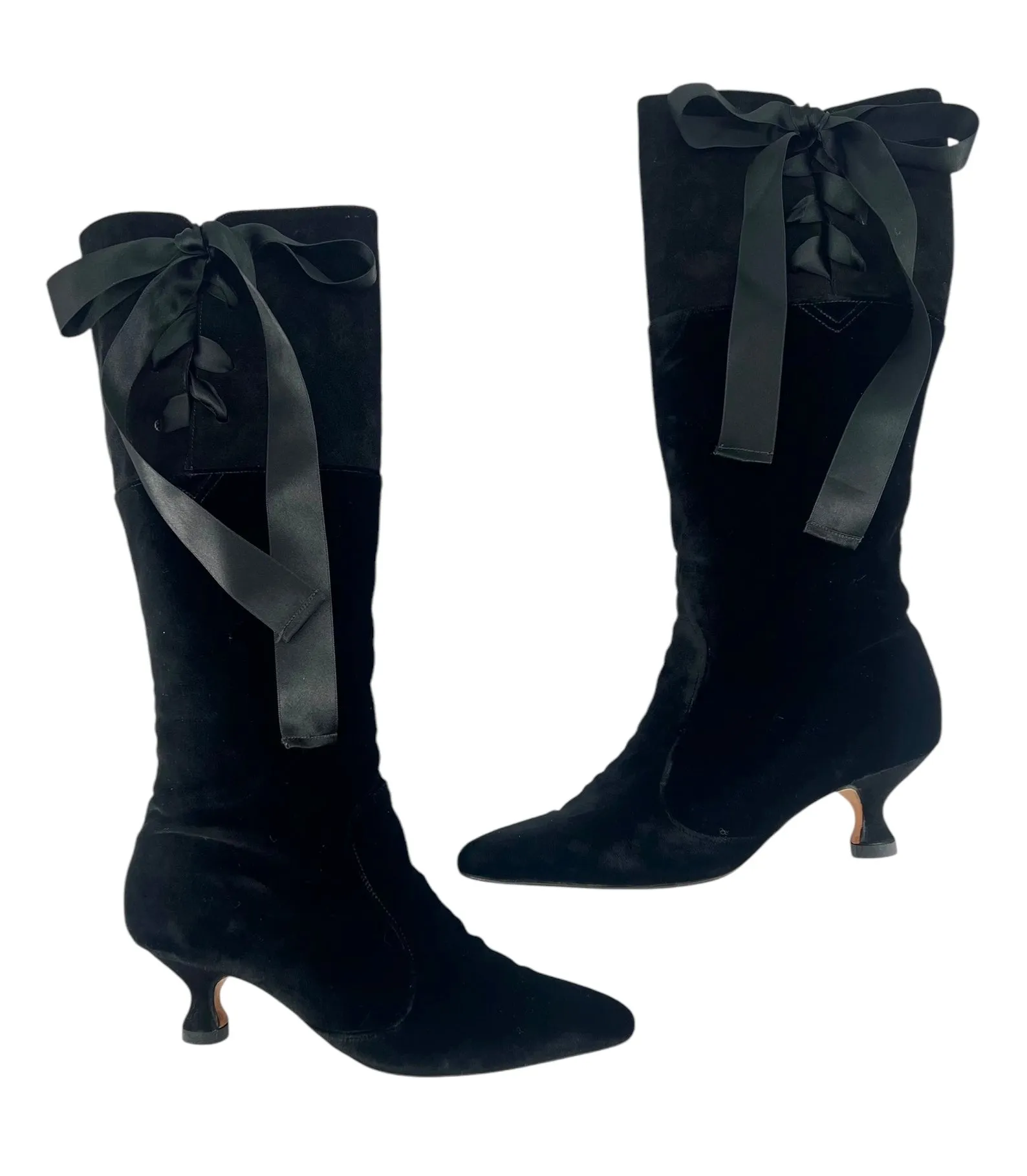 Manolo Blahnik Black Velvet & Suede Lace Up Knee High Boots, 35