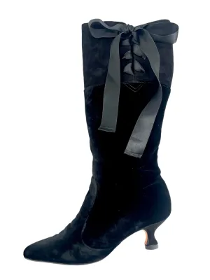 Manolo Blahnik Black Velvet & Suede Lace Up Knee High Boots, 35