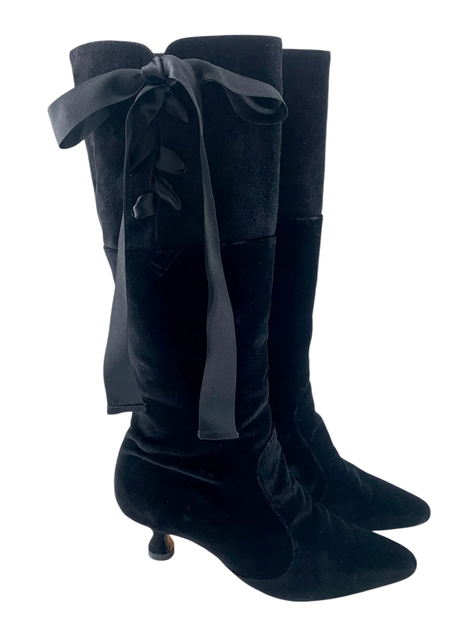 Manolo Blahnik Black Velvet & Suede Lace Up Knee High Boots, 35