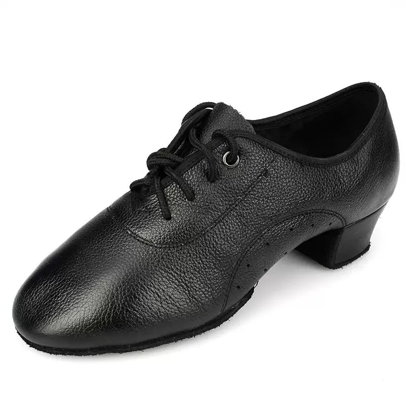 Nindo Black Cuban Heel Leather Dance Practice Shoes with Suede Sole