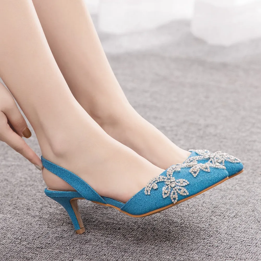 Pointed Toe Rhinestone Glitter Slingback Pumps