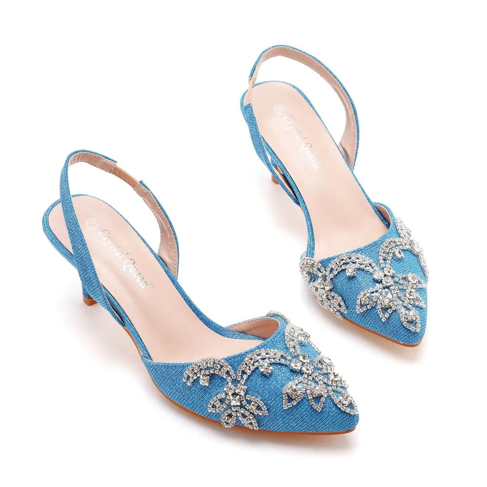 Pointed Toe Rhinestone Glitter Slingback Pumps