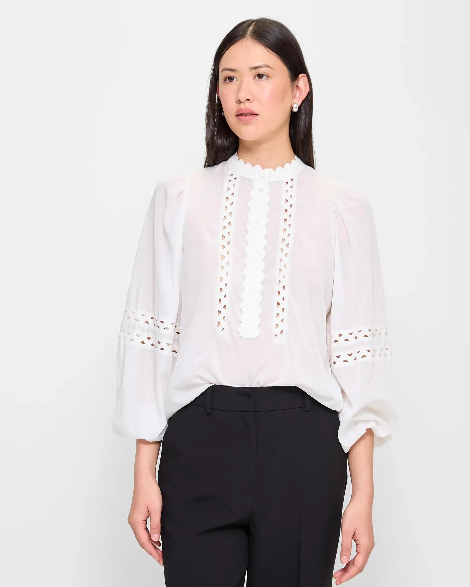 popular  Long Sleeve Lace Detail Blouse - Preview - Cloud Dancer