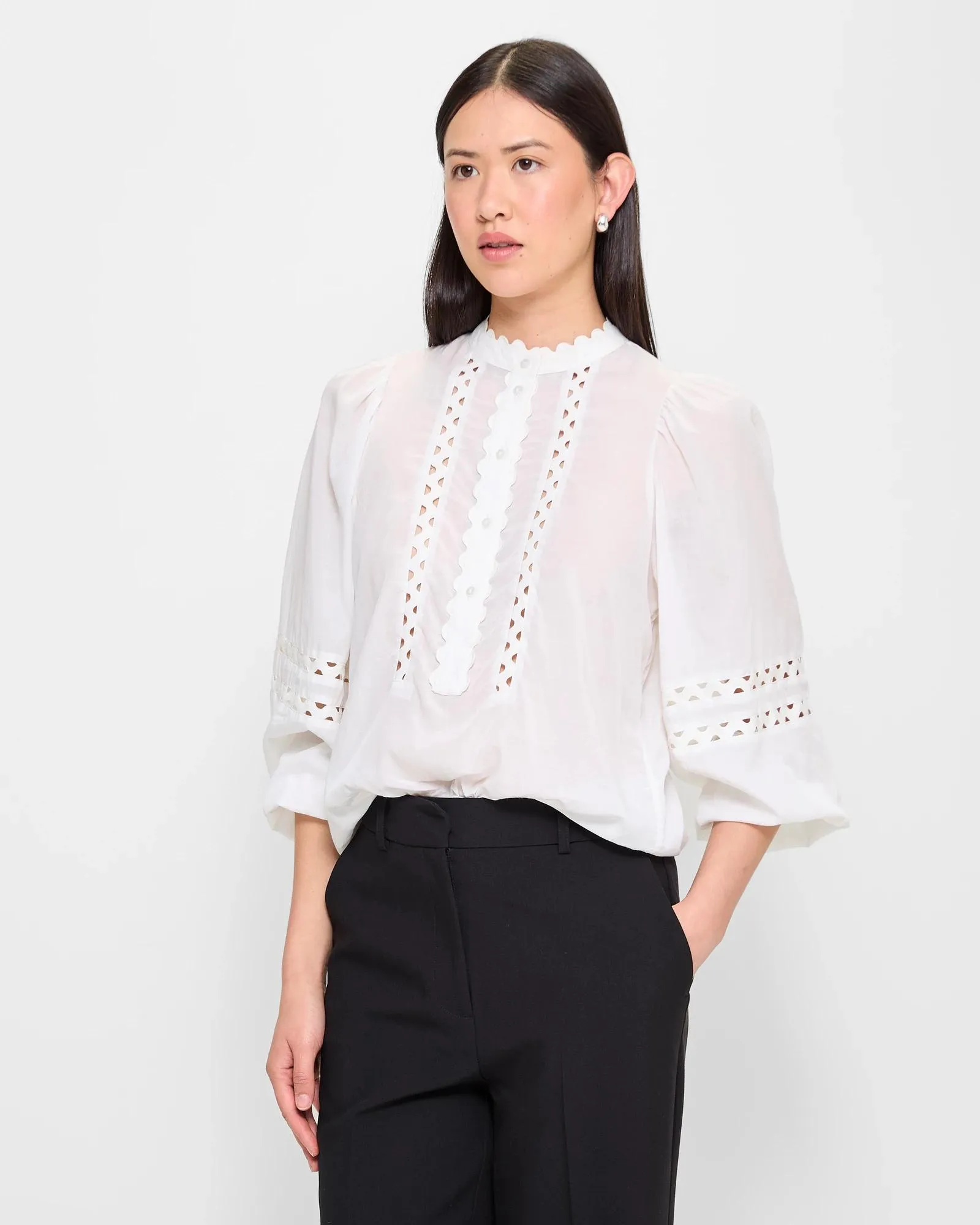 popular  Long Sleeve Lace Detail Blouse - Preview - Cloud Dancer