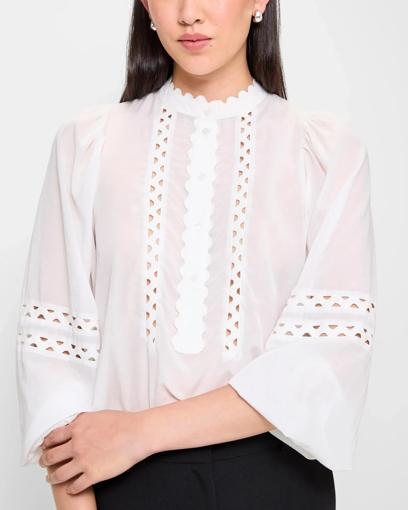 popular  Long Sleeve Lace Detail Blouse - Preview - Cloud Dancer