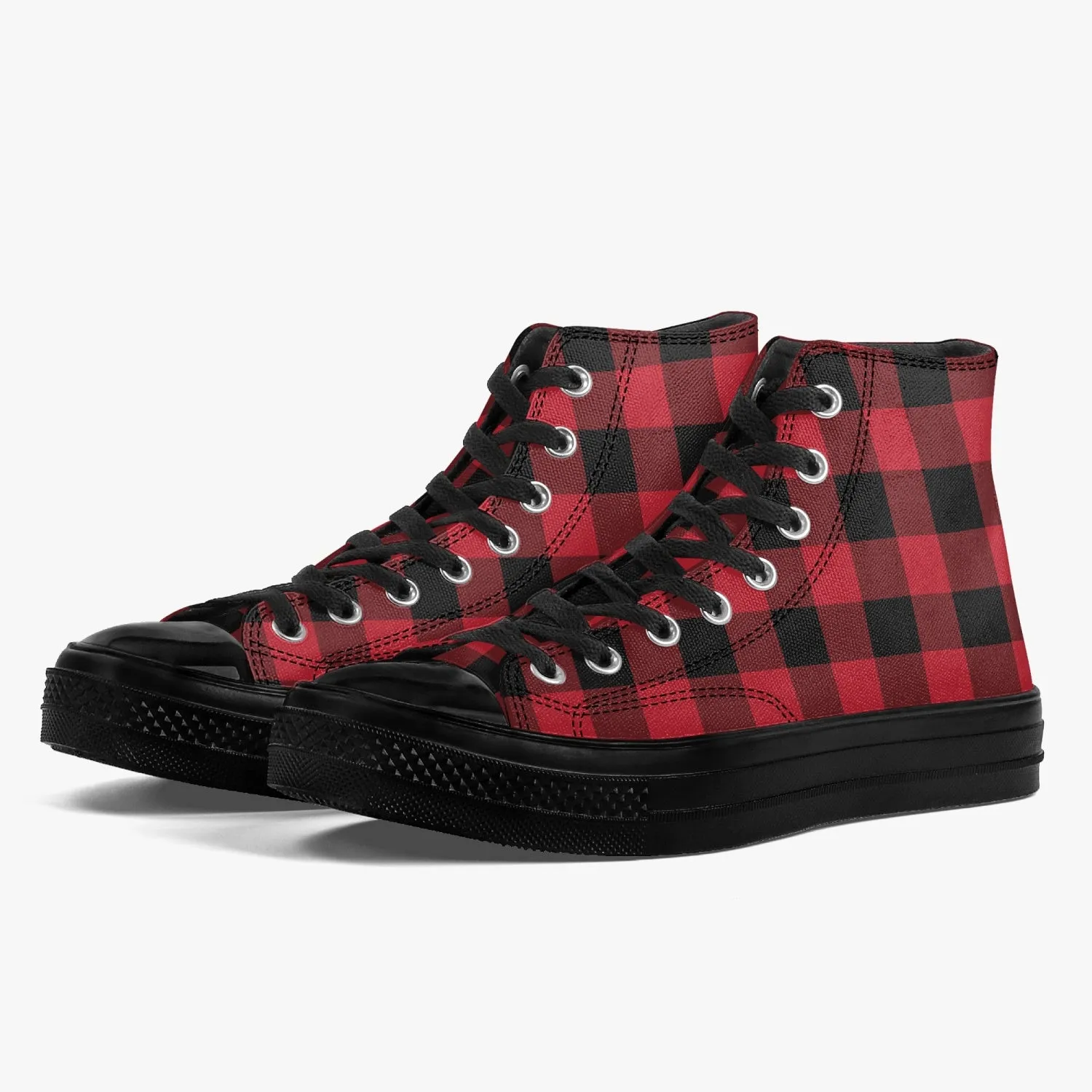 Red Buffalo Plaid High Top Shoes, Black Check Lace Up Sneakers Footwear Rave Canvas Streetwear Designer Men Women Gift