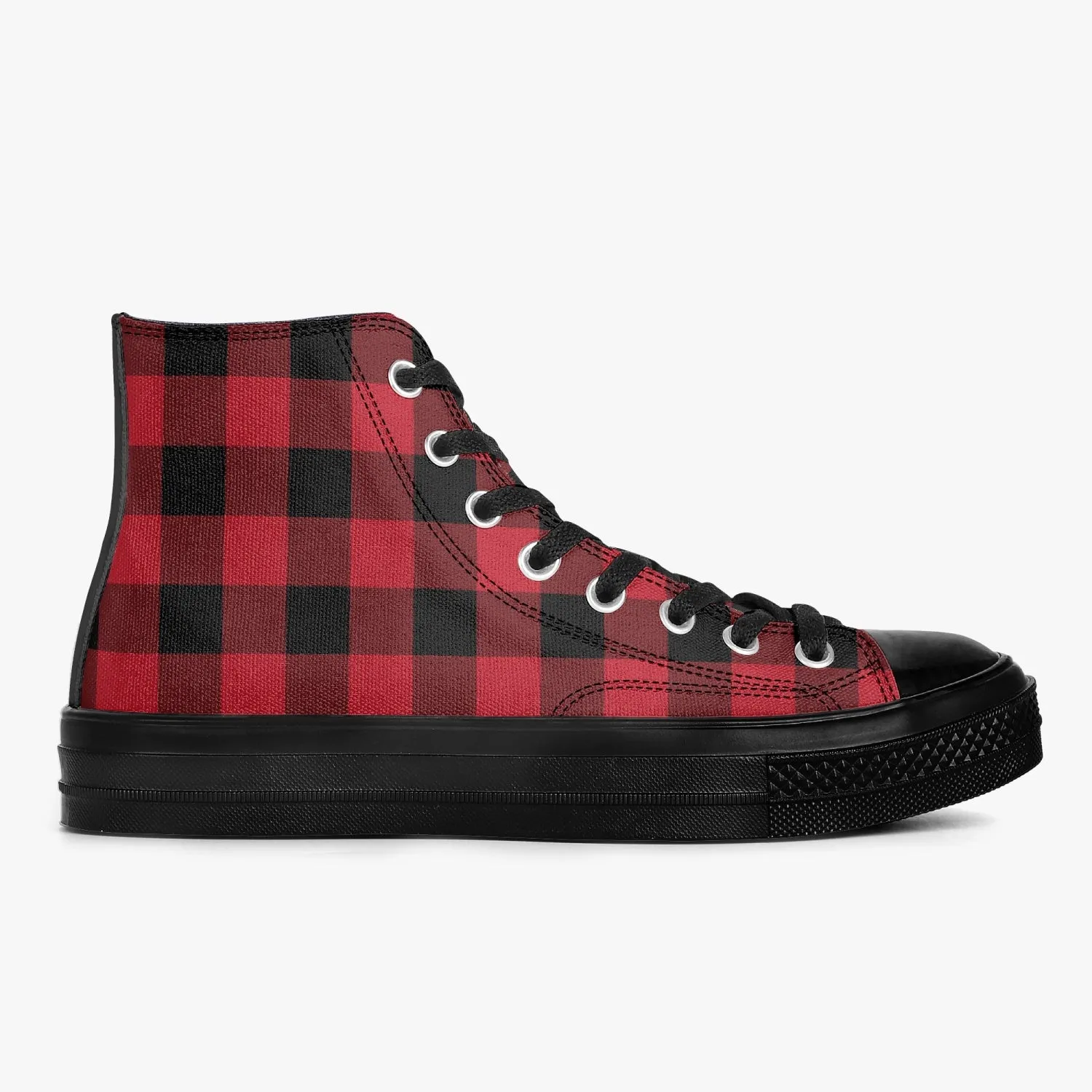 Red Buffalo Plaid High Top Shoes, Black Check Lace Up Sneakers Footwear Rave Canvas Streetwear Designer Men Women Gift