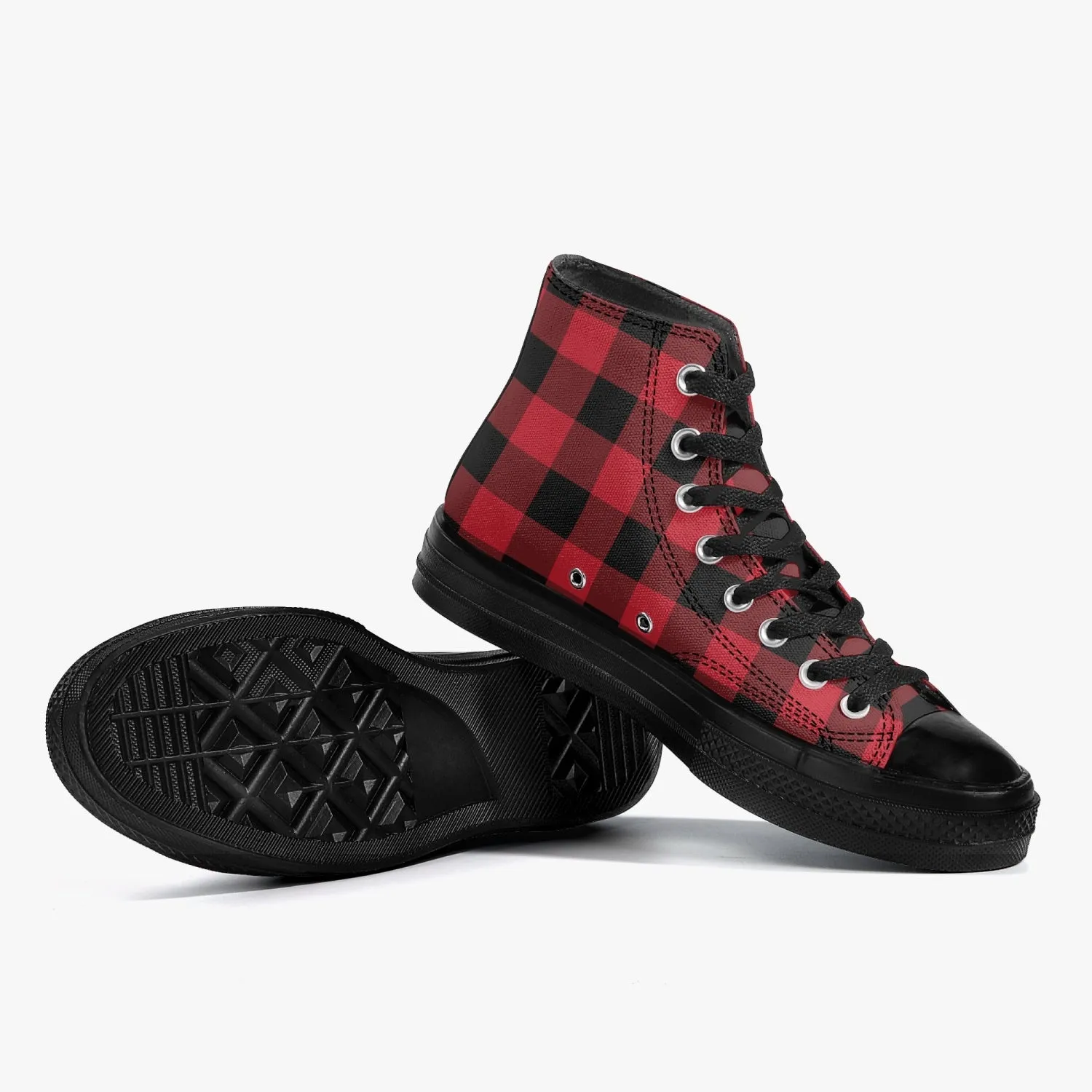 Red Buffalo Plaid High Top Shoes, Black Check Lace Up Sneakers Footwear Rave Canvas Streetwear Designer Men Women Gift