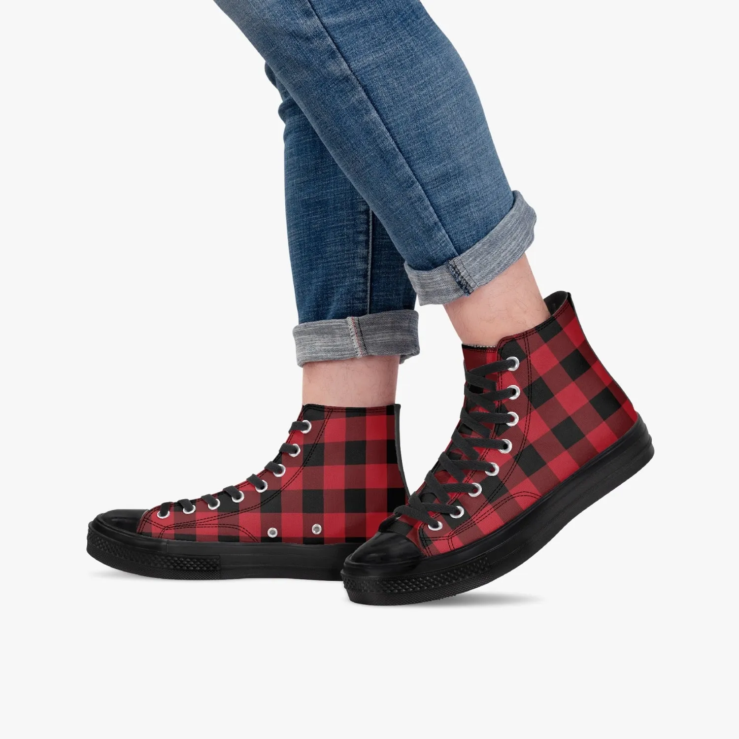 Red Buffalo Plaid High Top Shoes, Black Check Lace Up Sneakers Footwear Rave Canvas Streetwear Designer Men Women Gift