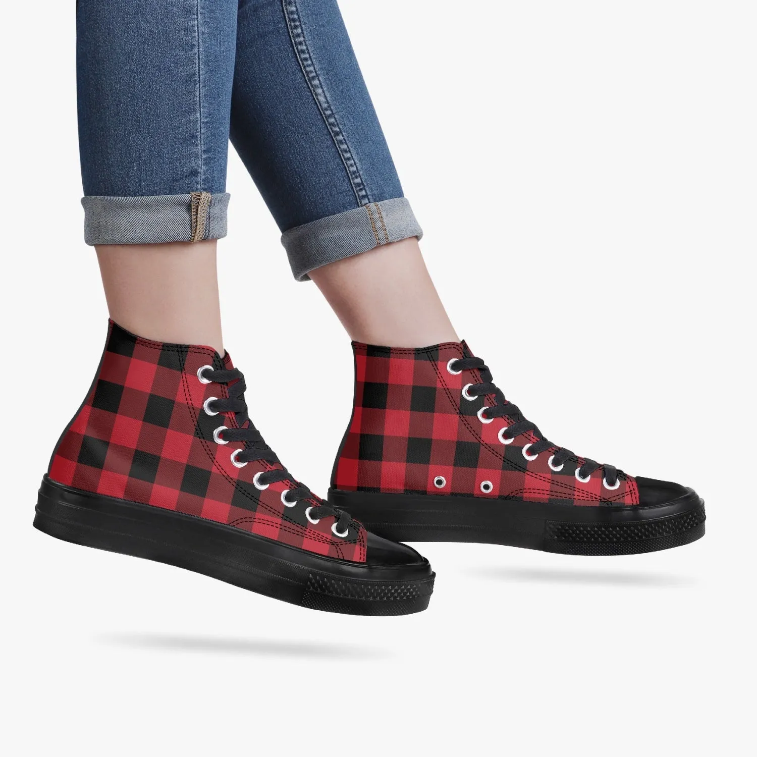 Red Buffalo Plaid High Top Shoes, Black Check Lace Up Sneakers Footwear Rave Canvas Streetwear Designer Men Women Gift