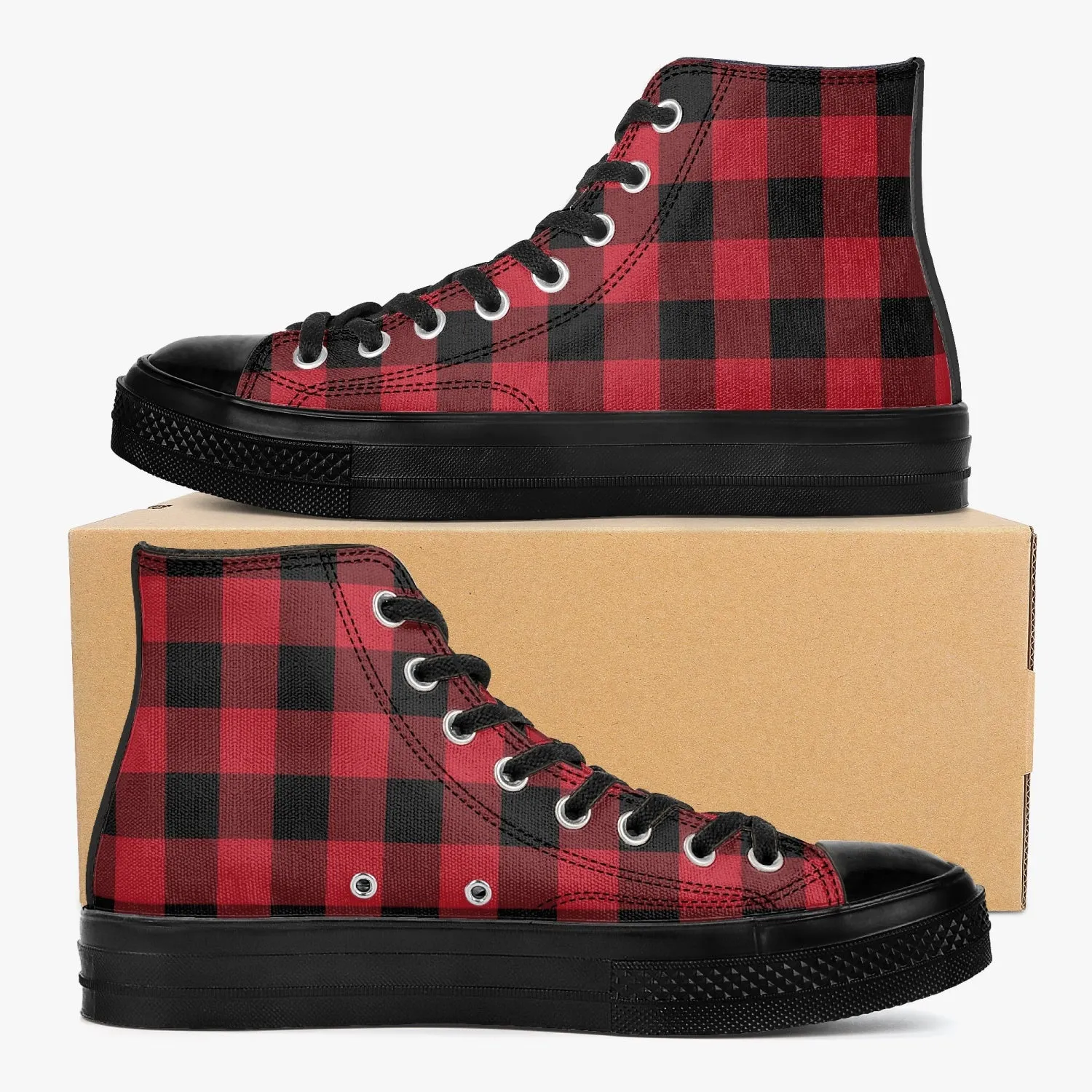 Red Buffalo Plaid High Top Shoes, Black Check Lace Up Sneakers Footwear Rave Canvas Streetwear Designer Men Women Gift