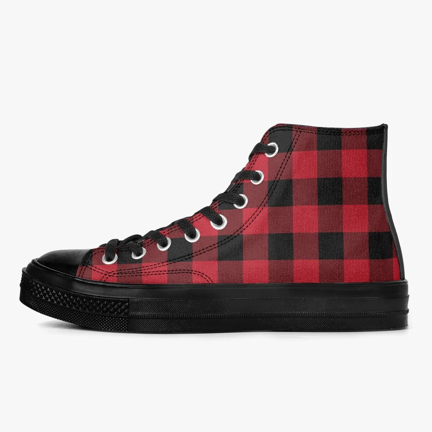 Red Buffalo Plaid High Top Shoes, Black Check Lace Up Sneakers Footwear Rave Canvas Streetwear Designer Men Women Gift