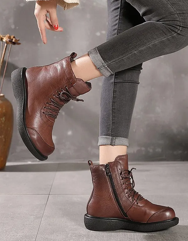 Retro Leather Handmade Lace-up Ankle Boots