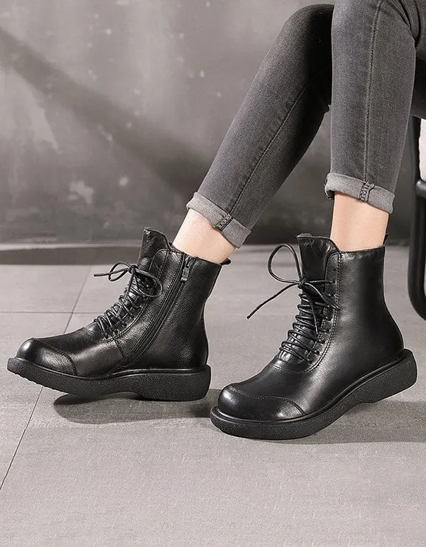 Retro Leather Handmade Lace-up Ankle Boots