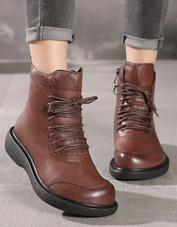 Retro Leather Handmade Lace-up Ankle Boots