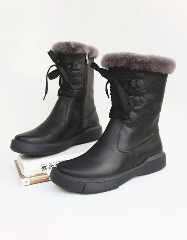 Sheepskin Fur Lace Up Retro Leather Winter Boots