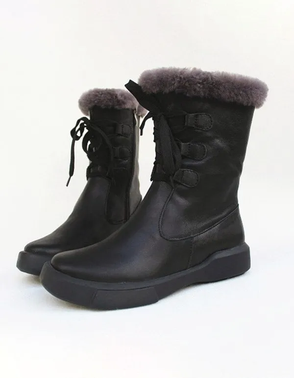 Sheepskin Fur Lace Up Retro Leather Winter Boots