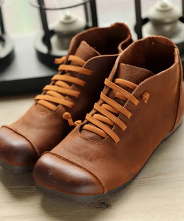 Soft Brown Cowhide Leather Splicing Lace Up Boots