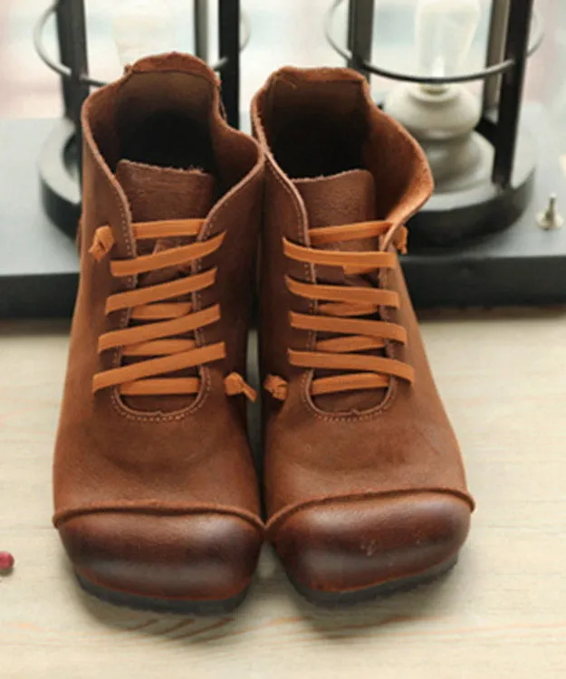 Soft Brown Cowhide Leather Splicing Lace Up Boots