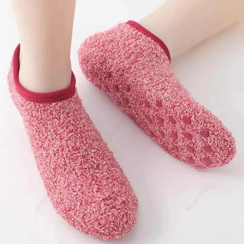 Sohiwoo Autumn Winter Indoor Home Yoga Practice Flooring Sock Dispensing Anti-Slip Thickened Plush Soft Coral Velvet Furry Sock Slippers