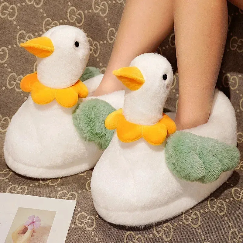 Sohiwoo Cute Cartoon Duck Fluffy Slippers For Woman Winter Warm Shoes Soft Plush Funny Flower Girls Indoor Home Floor Slipper