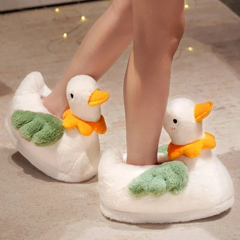 Sohiwoo Cute Cartoon Duck Fluffy Slippers For Woman Winter Warm Shoes Soft Plush Funny Flower Girls Indoor Home Floor Slipper