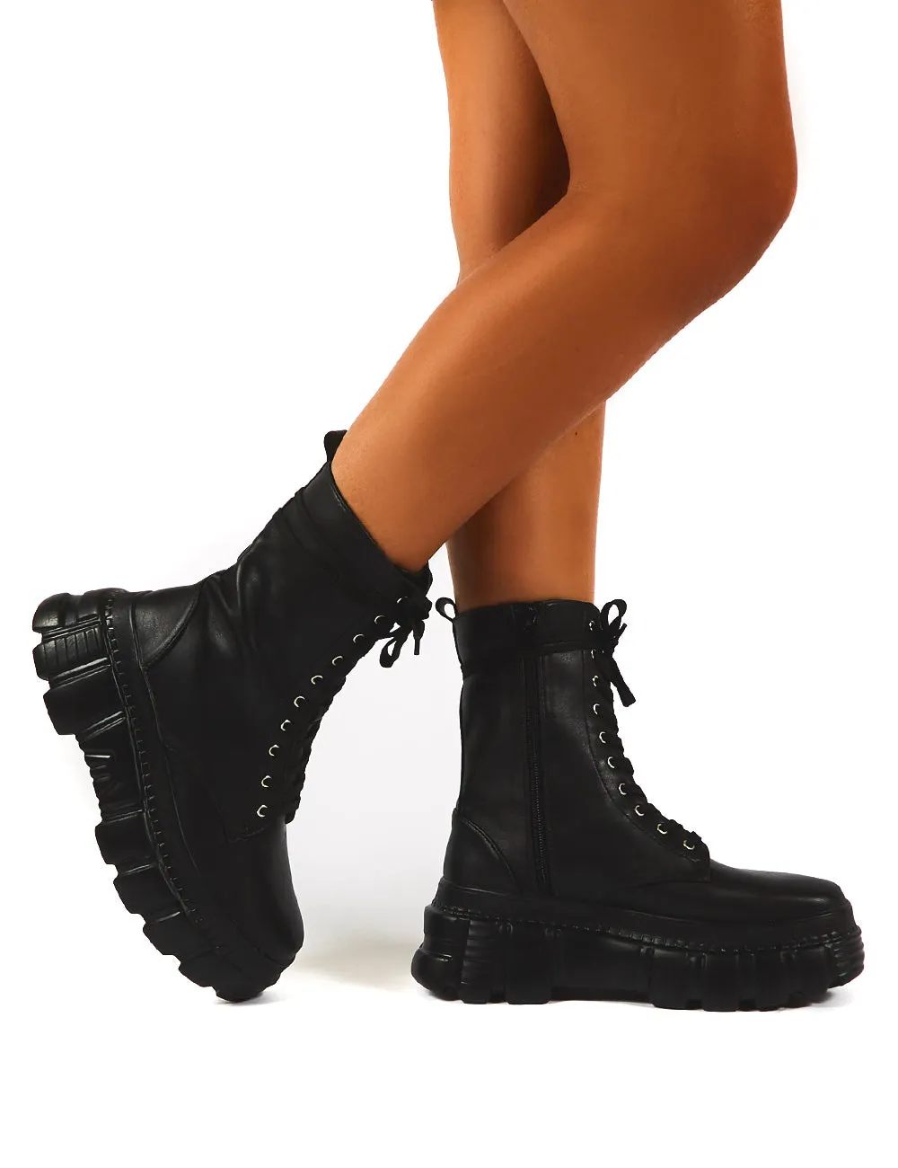 Survivor Black Chunky Sole Lace Up Ankle Boot