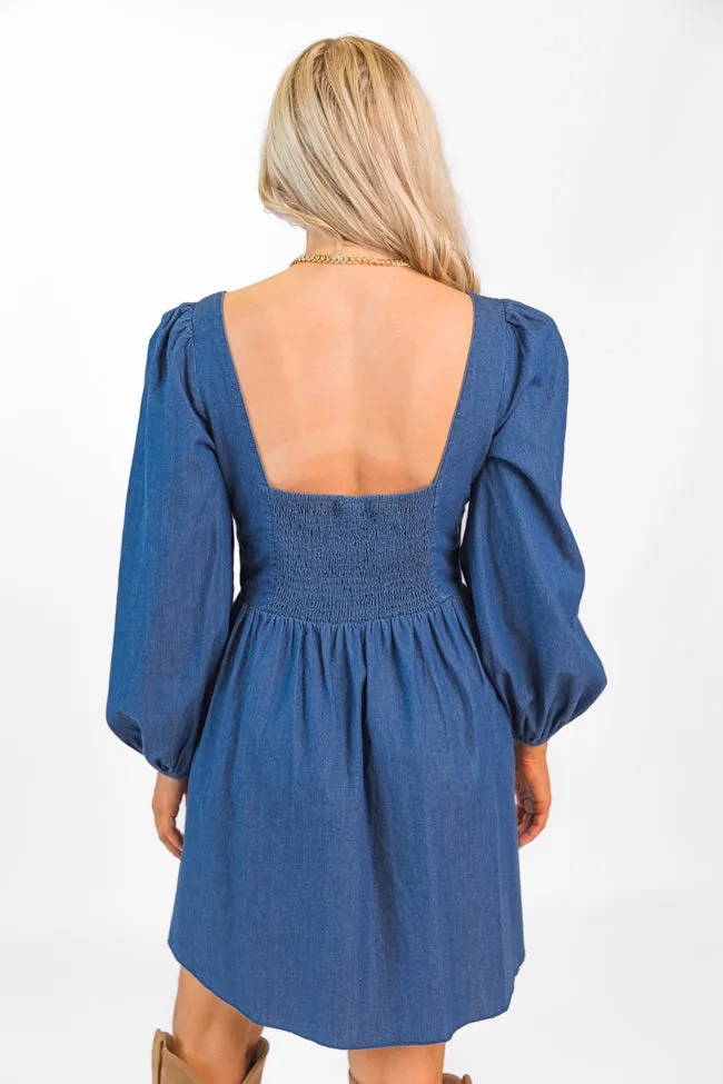 Up To Me Medium Wash Lace Up Detail Chambray Dress