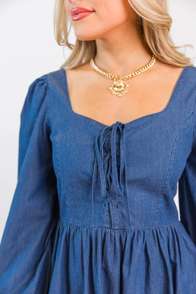 Up To Me Medium Wash Lace Up Detail Chambray Dress