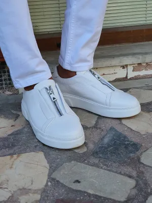 White Mid Top Zipper Sneakers for Men by GentWith | Worldwide Shipping