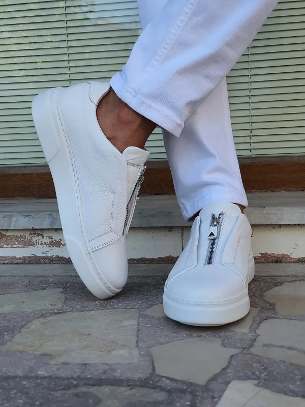 White Mid Top Zipper Sneakers for Men by GentWith | Worldwide Shipping