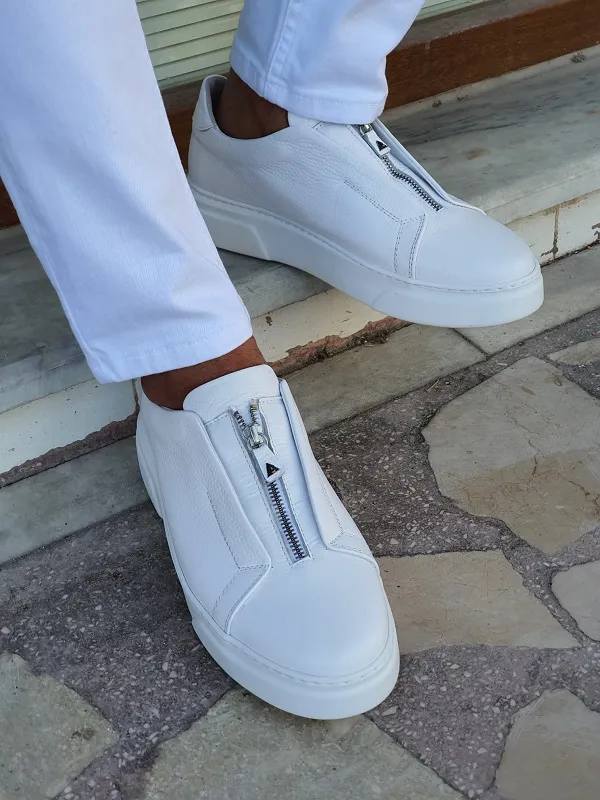 White Mid Top Zipper Sneakers for Men by GentWith | Worldwide Shipping