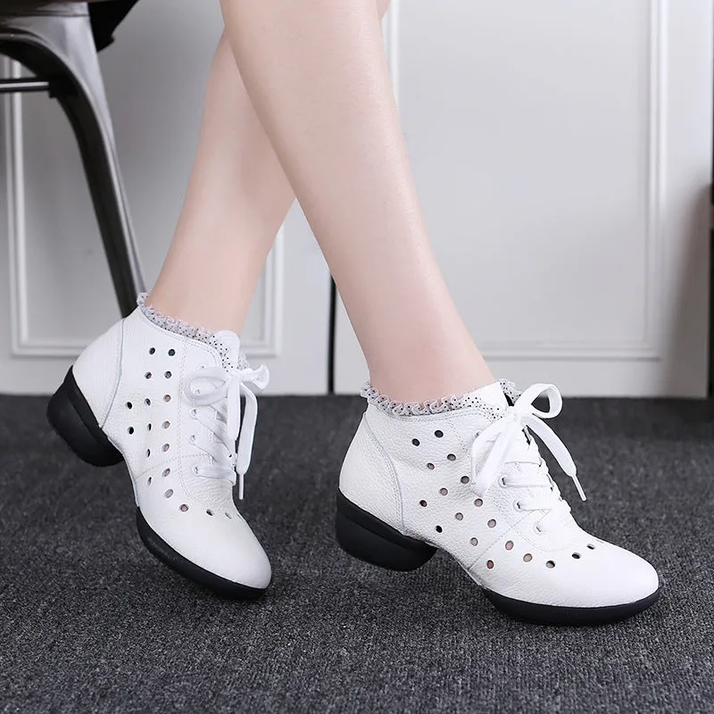 Women's Leather  Hollow Out Lace-up 4cm Heel Dance Sneakers Practice Dance Shoes Jazz Dance