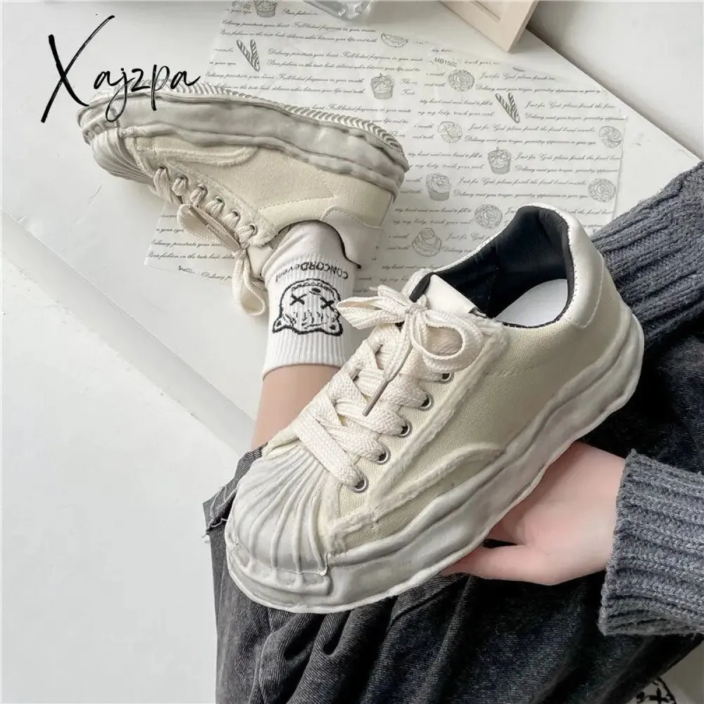 Xajzpa - Women's Canvas Sneakers Dirty Shoes New Student Canvas Thick Dissolving Heels White Shoes Lace Up Sports Shoes for Women