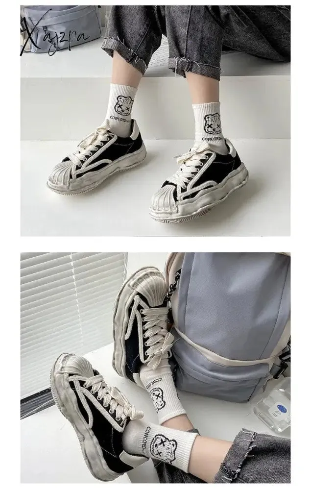 Xajzpa - Women's Canvas Sneakers Dirty Shoes New Student Canvas Thick Dissolving Heels White Shoes Lace Up Sports Shoes for Women