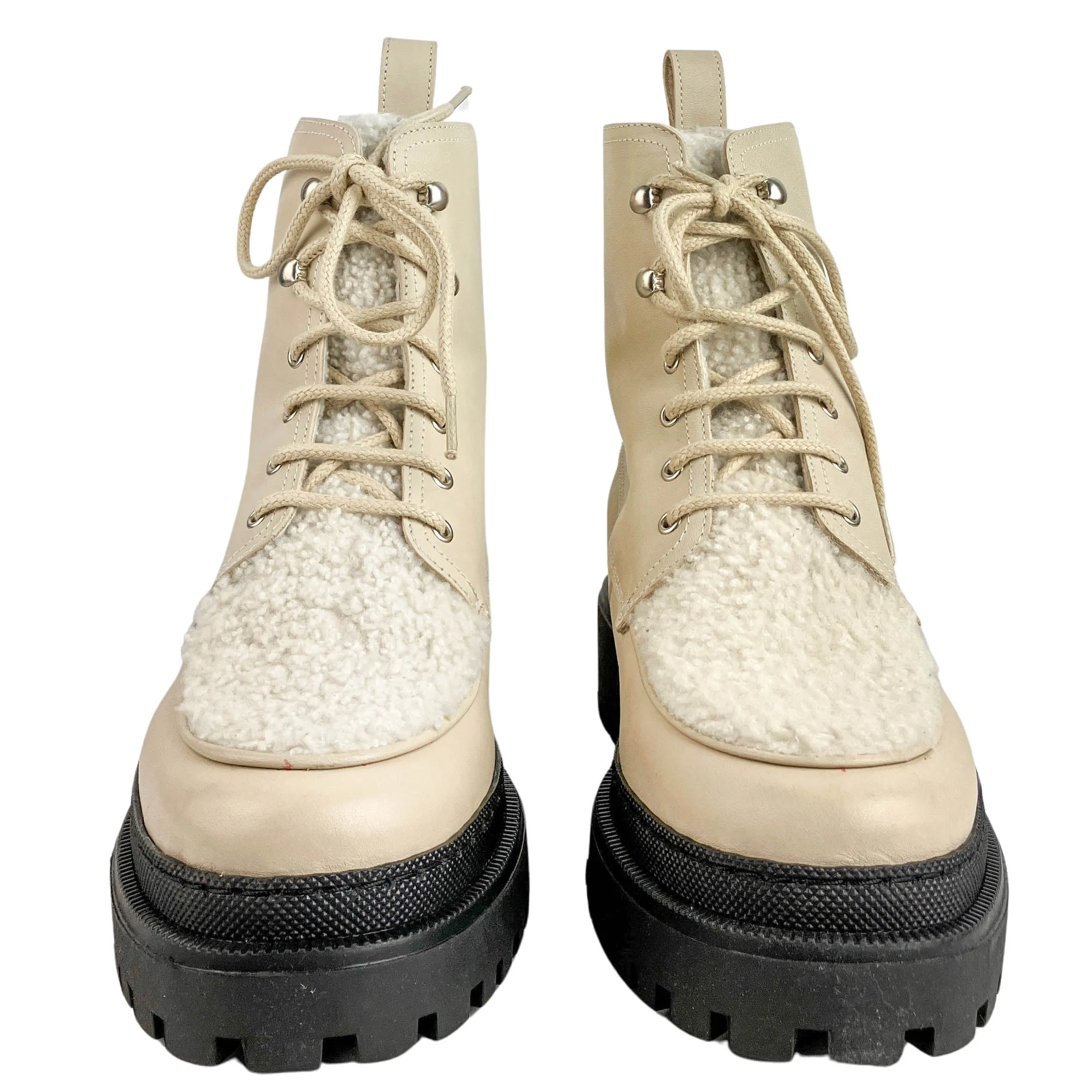 Yves Salomon Bouclé Lace Up Boots in Cream