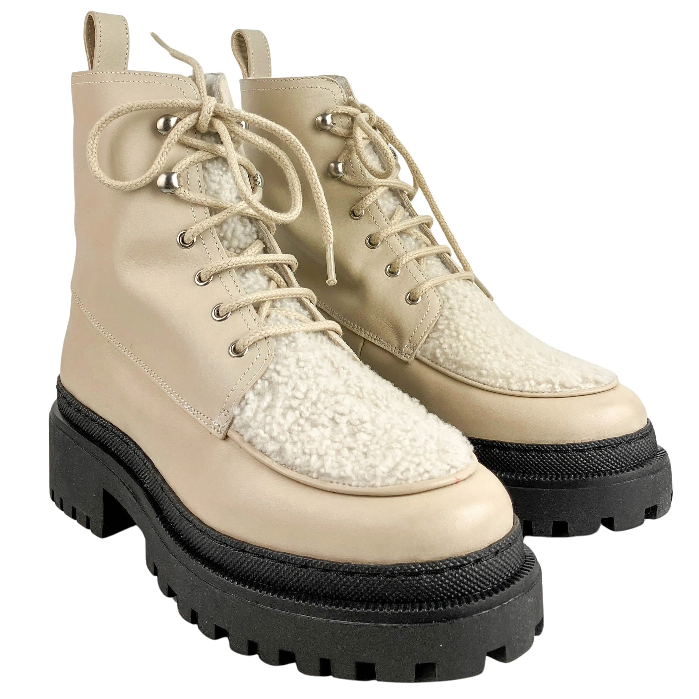 Yves Salomon Bouclé Lace Up Boots in Cream